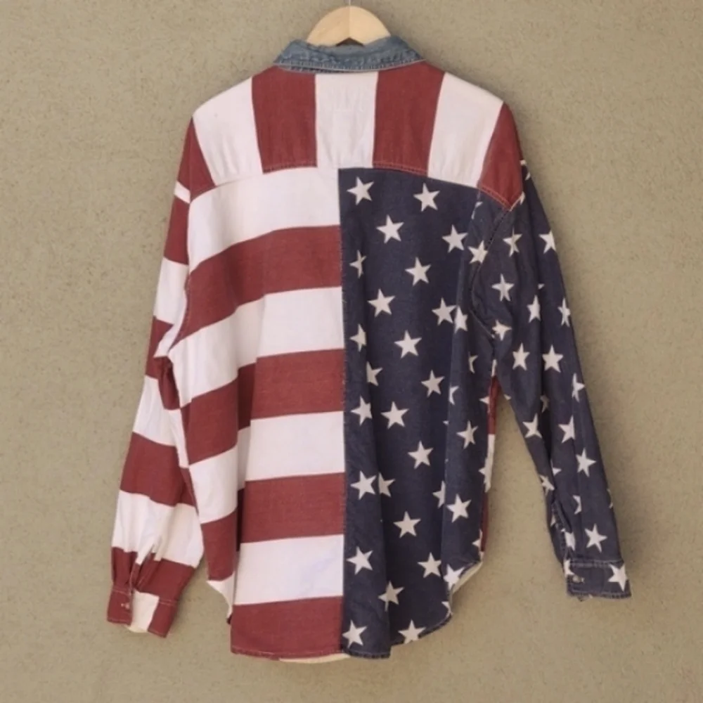 Worn Quizz Jeans Patriotic Stars and Stripes Button-up Cotton Shacket Women's 24 - Picture 2 of 11